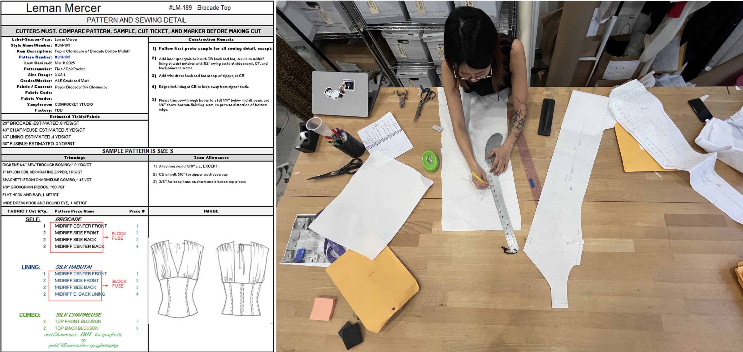 Side-by-side images of a Cutter's Must for a garment and an overhead view of Thea in the process of laying out the design to create a pattern.