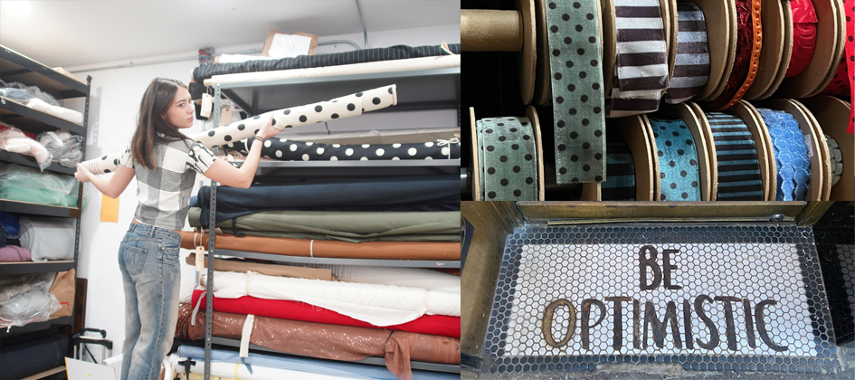 Composite image of Lizzy replacing a fabric roll on shelving, alongside colorful roles of ribbon. 
