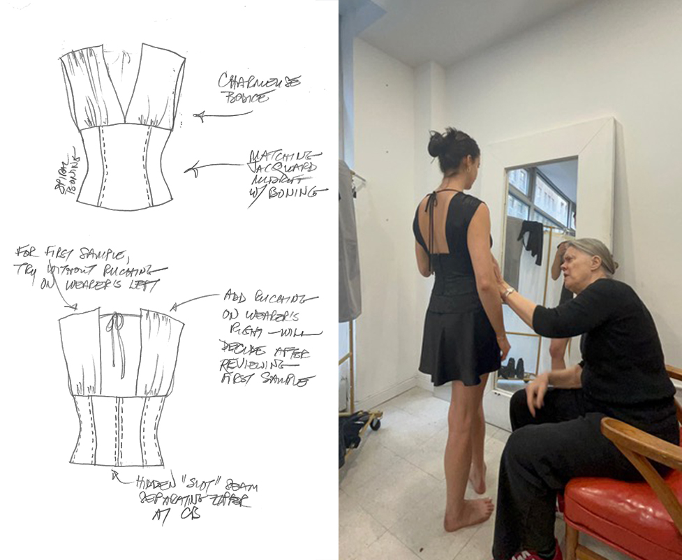 Side-by-side images showing a preliminary sketch of a black bodice, front and back, and the finished product on a fit model under review by Elizabeth and the designer.